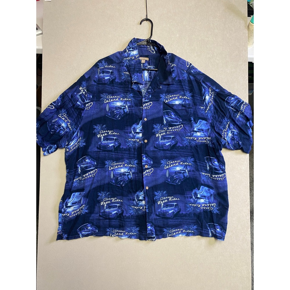 George Mens 3XL Blue Classic Island Rides Car Print Short Sleeve Button Up Shirt